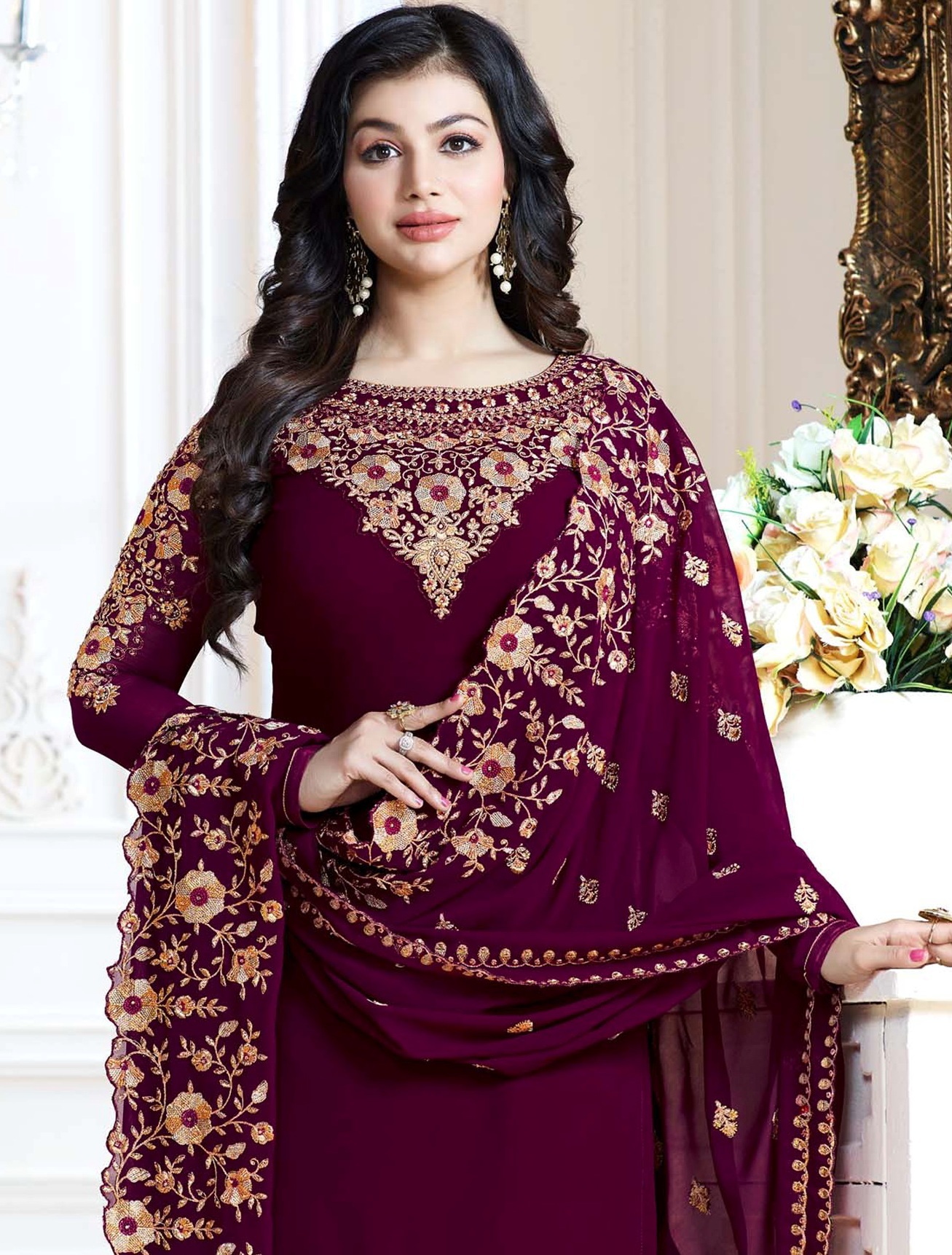 Maroon Georgette Straight Salwar Kameez - Full Sleeves, Floral Resham And Lace Work, Quick Dry & Washable Features
