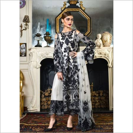 White & Black Pakistani Faux Georgette Mono Net Dress