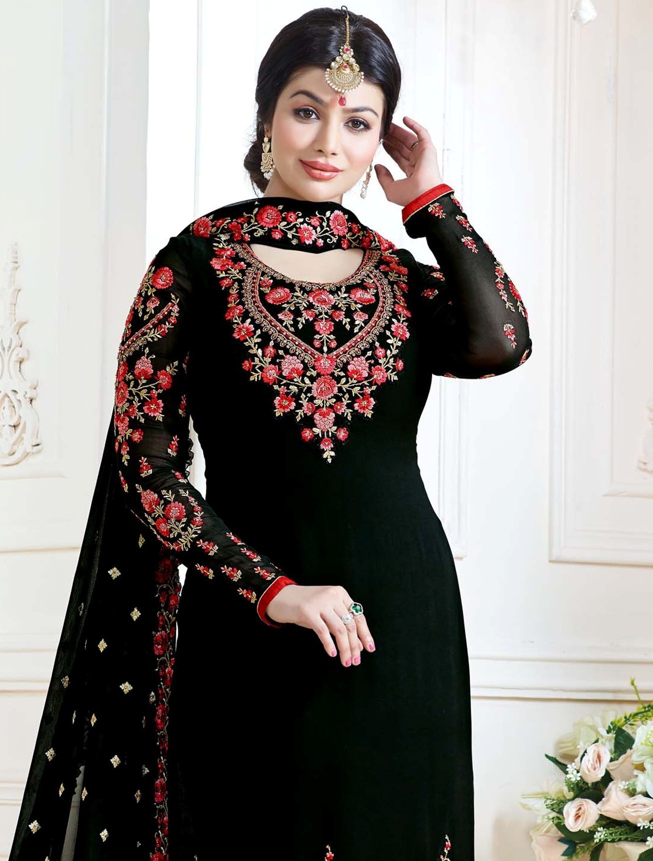 Black Georgette Straight Salwar Kameez - Floral, Lace, Resham Work | Breathable, Full Sleeves, Multi-season Wear