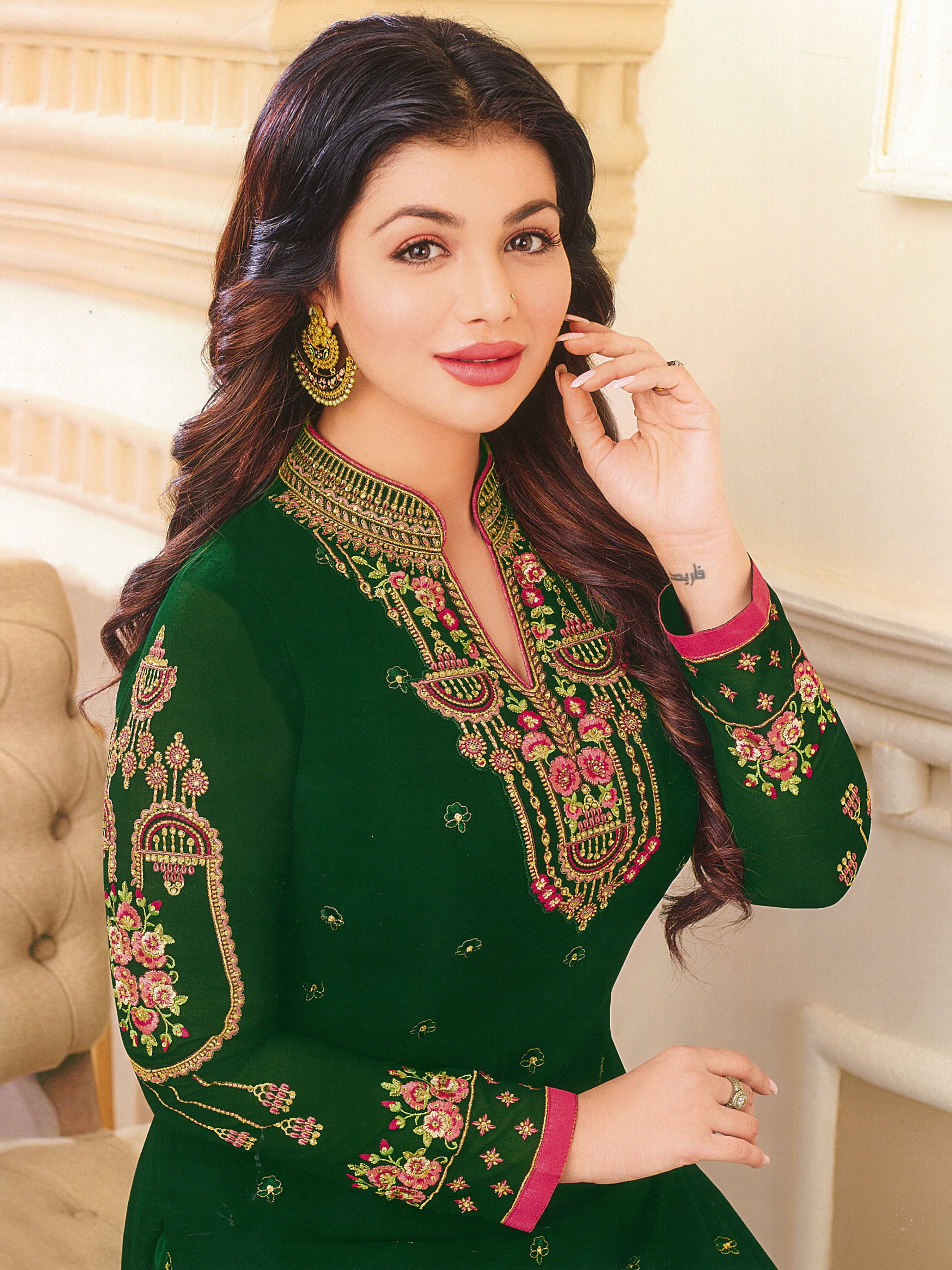 Georgette Straight Suit - Beige And Green, Embroidered Designs With Stone Decoration, Breathable Fabric, Full Sleeves, Dry Clean Only