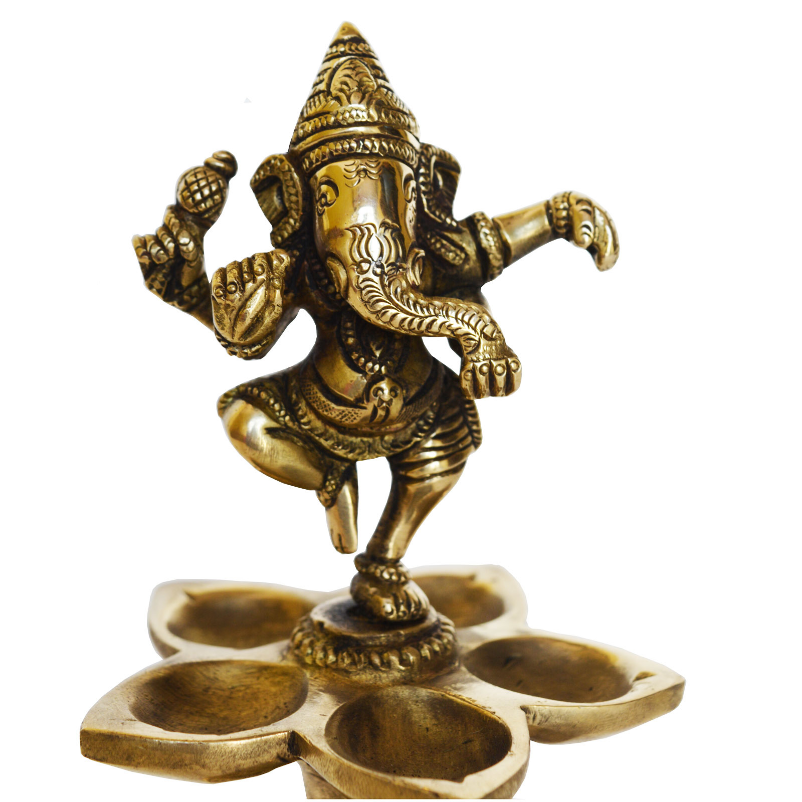 Golden Dancing Ganesha Idol Brass Oil Lamp Diya Pooja Deepak Diya