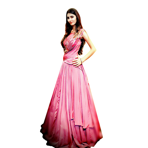Ladies Designer Evening Gown - Crepe, Length: 62 Inch, Bust: 36 Inch, Waist: 30 Inch, Hip: 40 Inch, Color: Pink | Heavy Pearl And Cut Daana Embroidery, Sleeveless, All Season Wear
