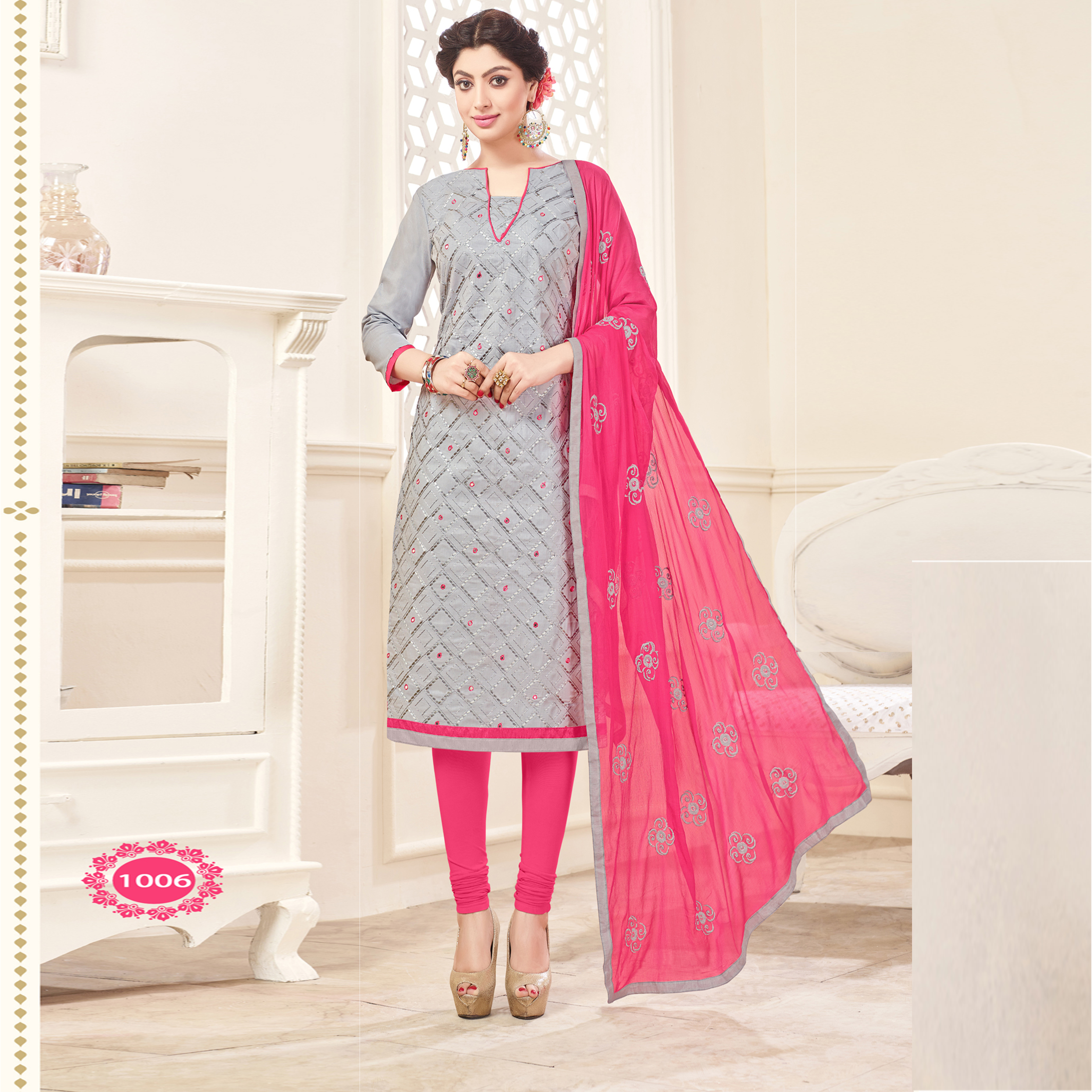 Sky Blue And Green Fancy Cotton Embroidered Salwar Suit