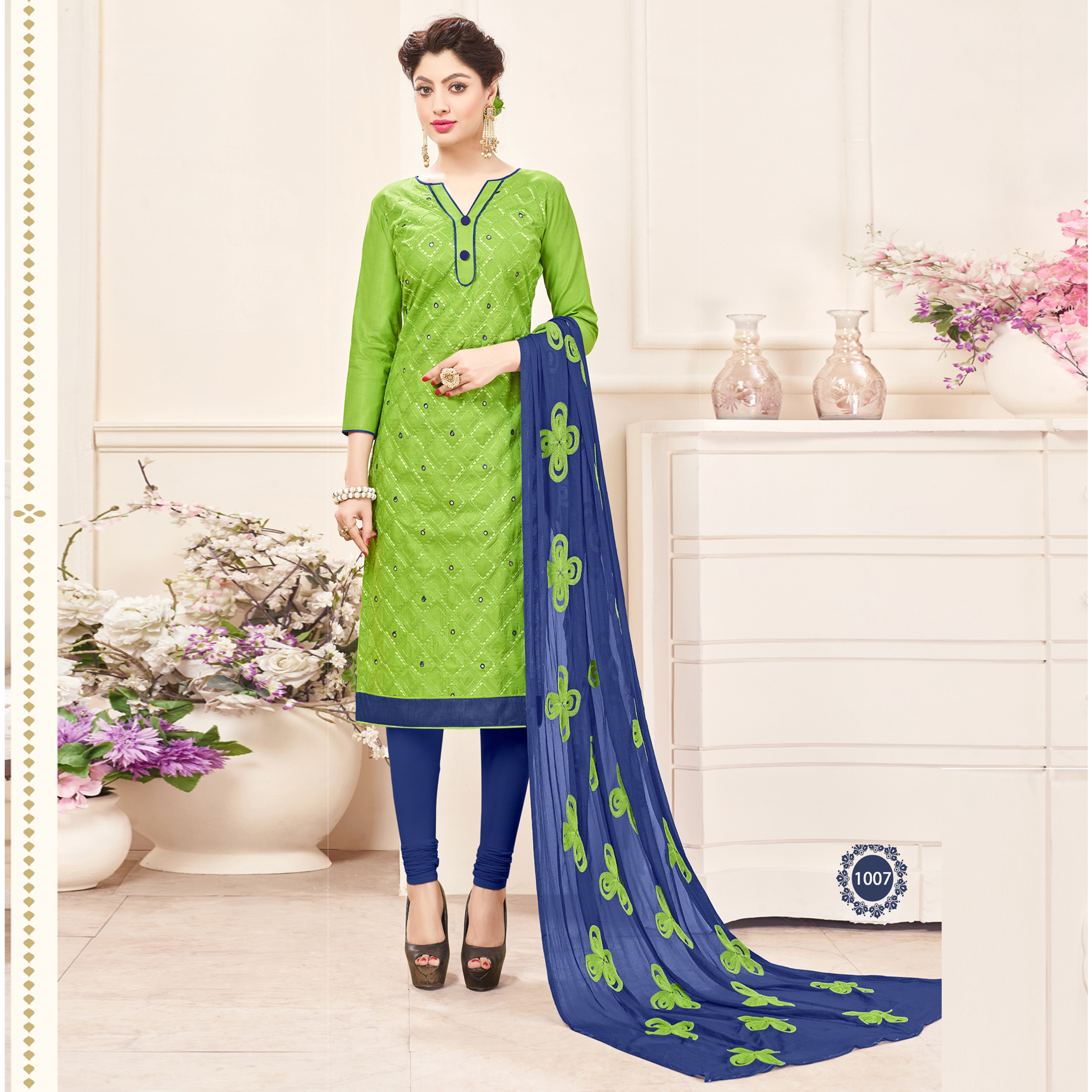 Sky Blue And Green Fancy Cotton Embroidered Salwar Suit