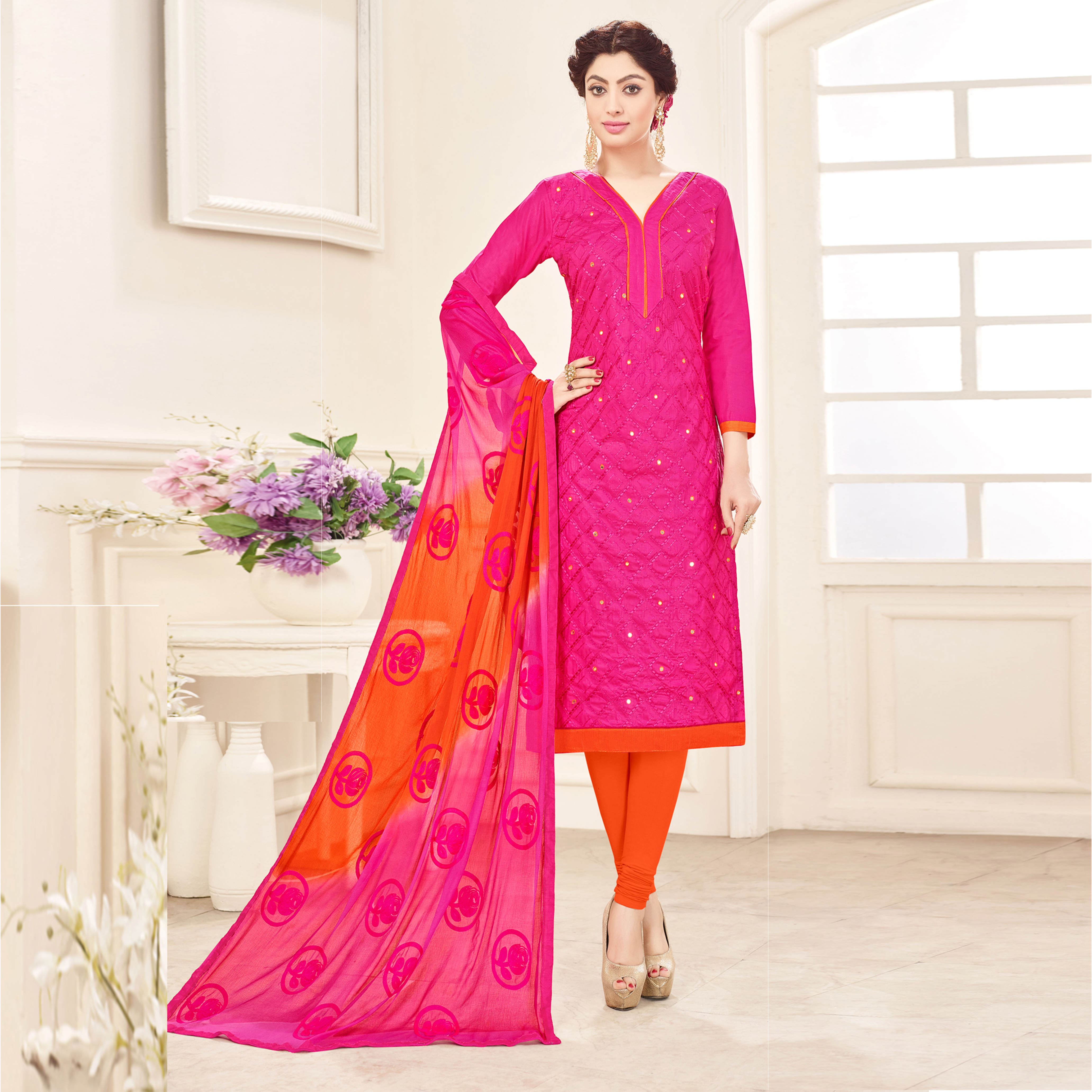 Sky Blue And Green Fancy Cotton Embroidered Salwar Suit