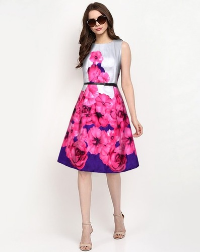 Designer Fancy Tops - Polyester, S-XL Size Range, Pink Color | Knee-length, Fit and Flare Style, Round Neck for Formal and Casual Events