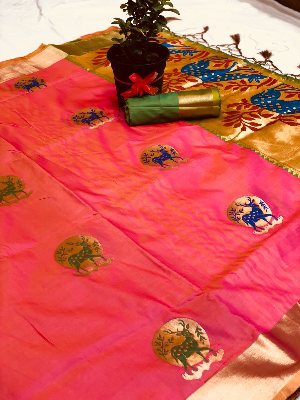 Kanchipuram Silk Saree - Art Silk Fabric, Multi-color, Patola Style | Premium Kanjivaram With Golden Zari Belt, Reverse Color Blouse & Rich Jull Pallu Design
