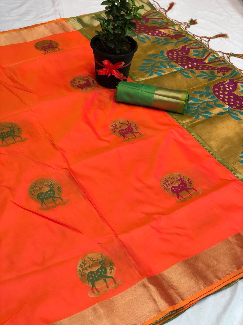 Kanchipuram Silk Saree - Art Silk Fabric, Multi-color, Patola Style | Premium Kanjivaram With Golden Zari Belt, Reverse Color Blouse & Rich Jull Pallu Design