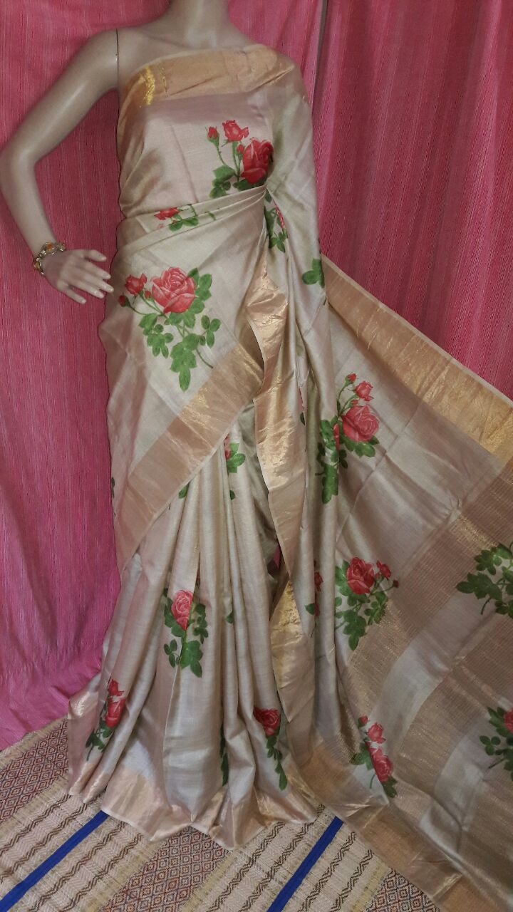 Zari Tassar - Tassar Silk 5.5m Off-white, Jacquard Weave | Zari Border, Elegant Design, Soft Texture