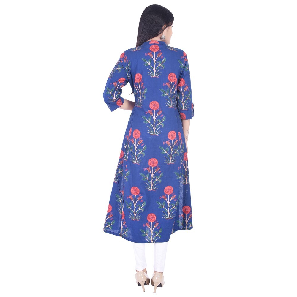 Ladies Designer Kurti - 100% Cotton, Sizes S-xxl, Blue Color | Features 3/4th Sleeves, Breathable, Eco-friendly, Perfect For Summer Wear
