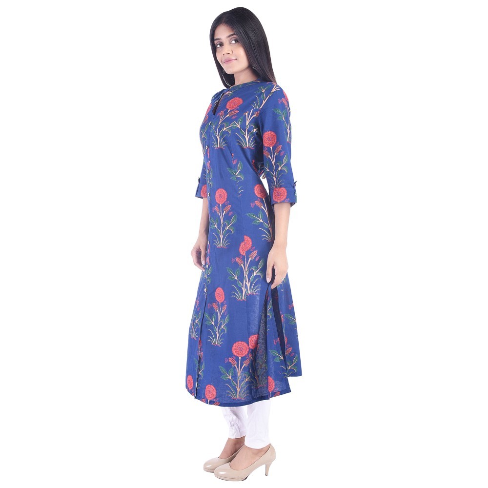 Ladies Designer Kurti - 100% Cotton, Sizes S-xxl, Blue Color | Features 3/4th Sleeves, Breathable, Eco-friendly, Perfect For Summer Wear