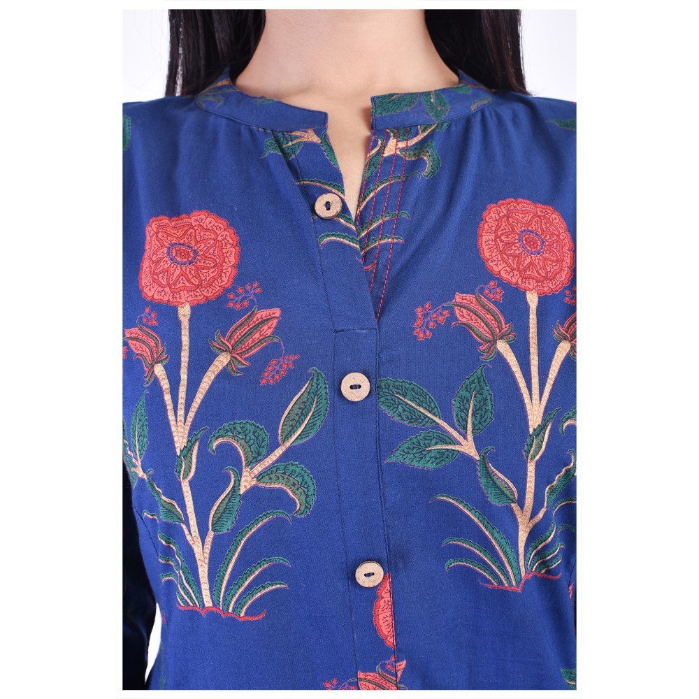 Ladies Designer Kurti - 100% Cotton, Sizes S-xxl, Blue Color | Features 3/4th Sleeves, Breathable, Eco-friendly, Perfect For Summer Wear