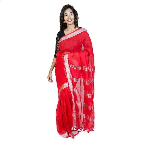 रेड ज़री वर्क लिनन साड़ी