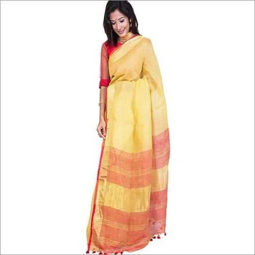 पीली डबल शेडेड लिनन साड़ी
