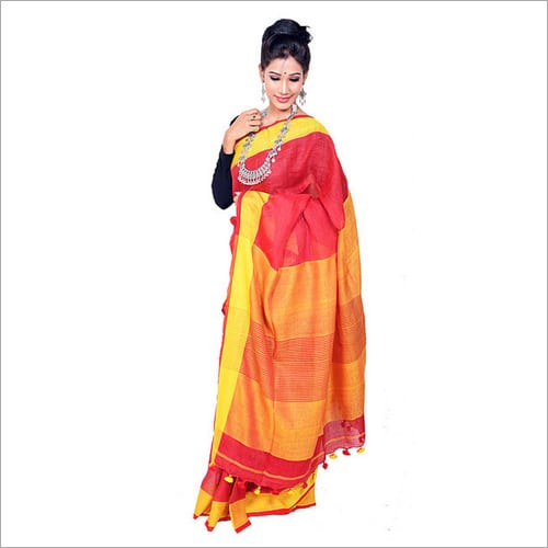 बुना हुआ लाल सादा लिनन साड़ी