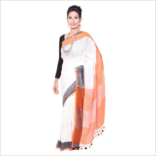 Formal Linen Sarees - Cotton Blend, Ivory White | Bollywood Style with Elegant Thread Work