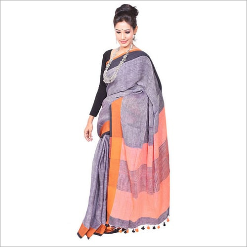 ब्लू ग्रे लिनन साड़ी