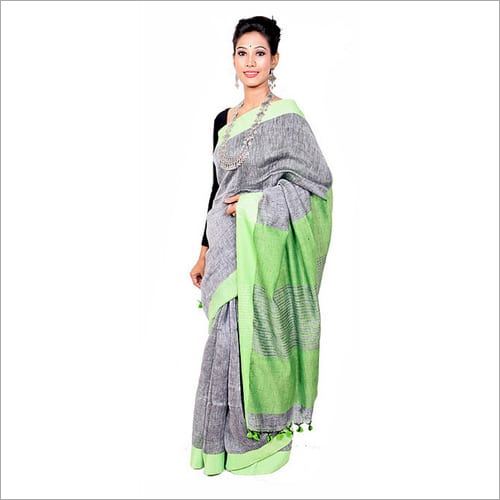 Grey Green Plain Linen Saree