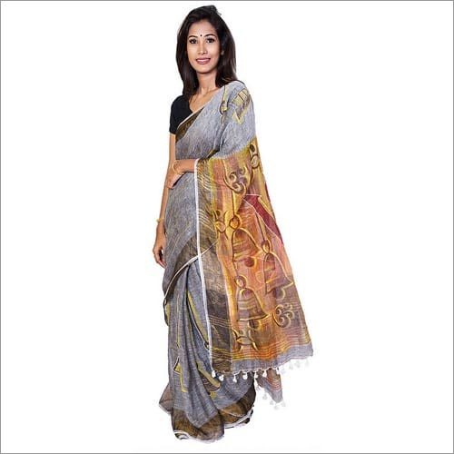Grey Hand Painted Linen Saree