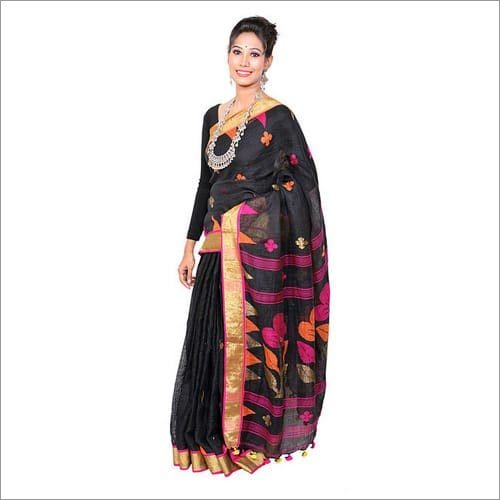 बुनी हुई काली लिनन जामदानी साड़ी