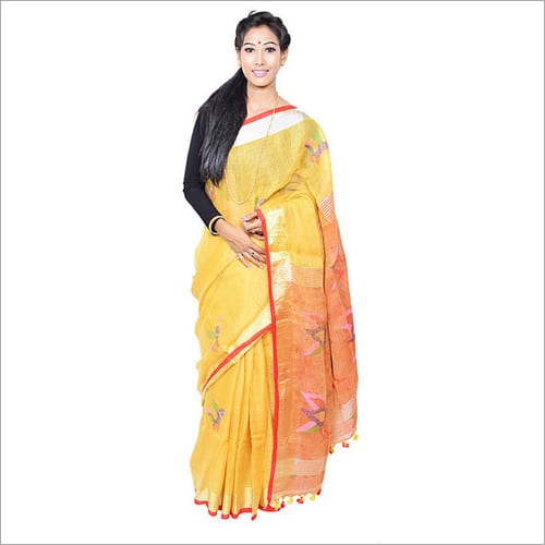 येलो पैरेट लिनन जामदानी साड़ी