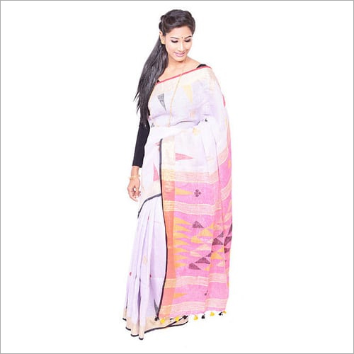 व्हाइट बंगाल लिनन जामदानी साड़ी