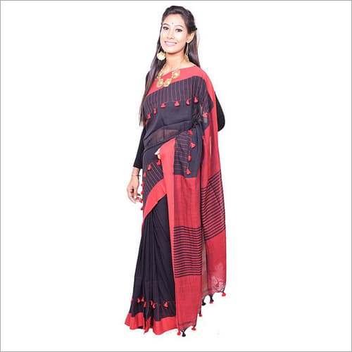 Black Red Handloom Saree - Cotton Khadi Fabric, Woven Pattern with Thread Work , Includes Blouse Piece for Traditional Indian Elegance