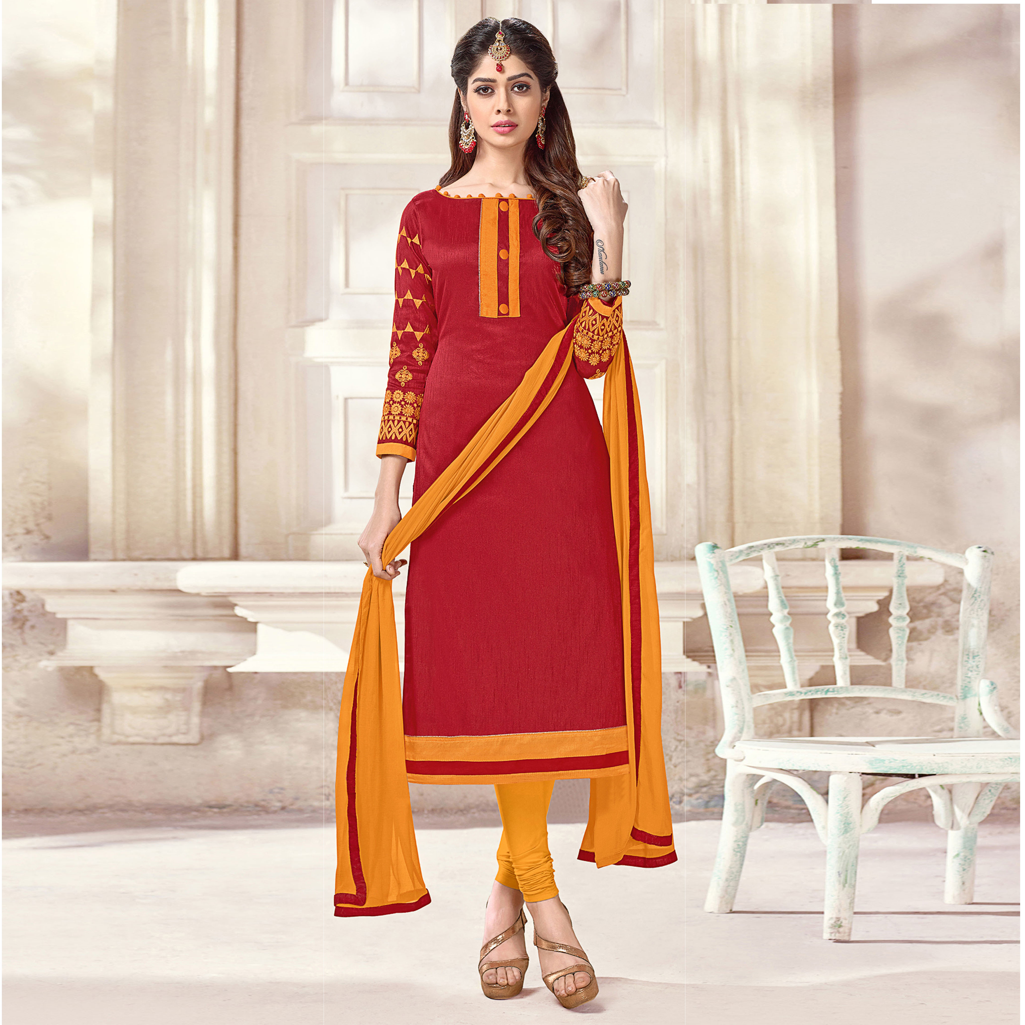 Blue And Green Fancy Cotton Jacquard Plain Churidar Salwar Suit at