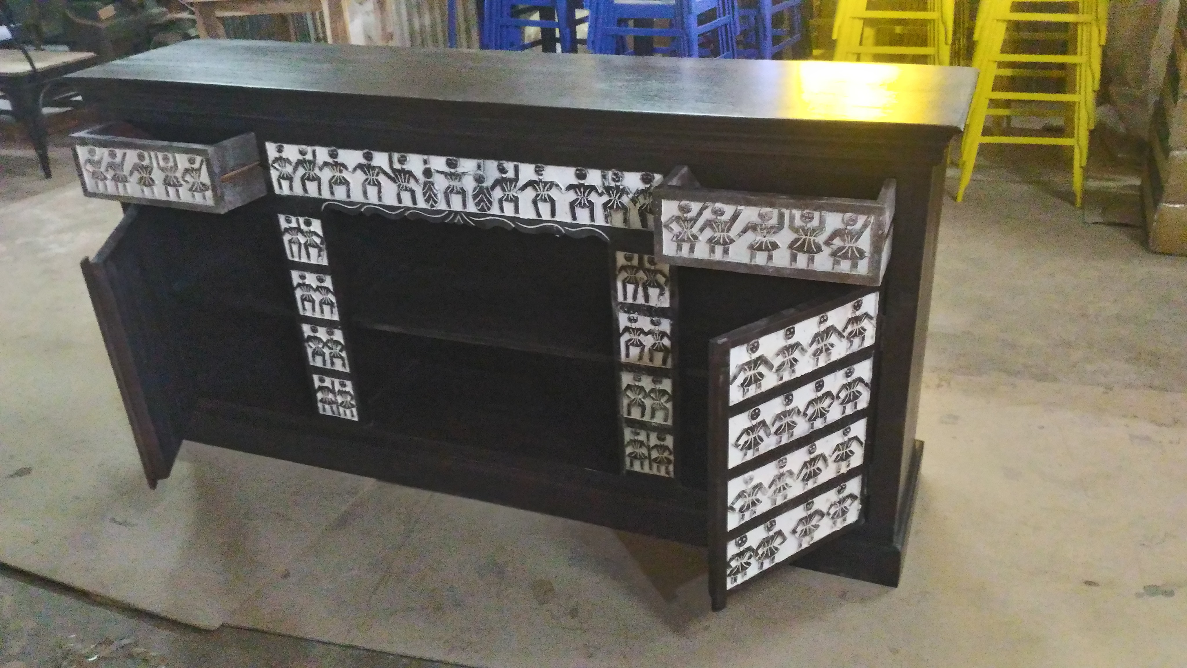 Orissa Carved Mango Wood Sideboard - 180w X 40d X 90h Cms | Three Drawers, Two Doors, Rustic Finish, Heritage Design