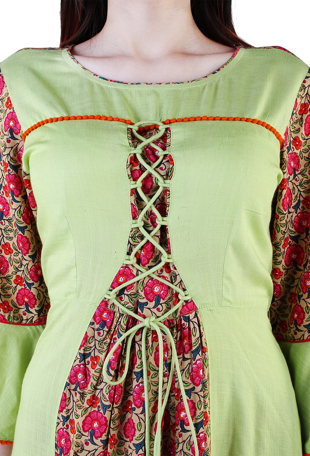 Designer Kurti For Women - Cotton, Available In Sizes S-xxl, Elegant Green With Check Lining Pattern, 3/4 Sleeve, Perfect For Casual And Ethnic Wear