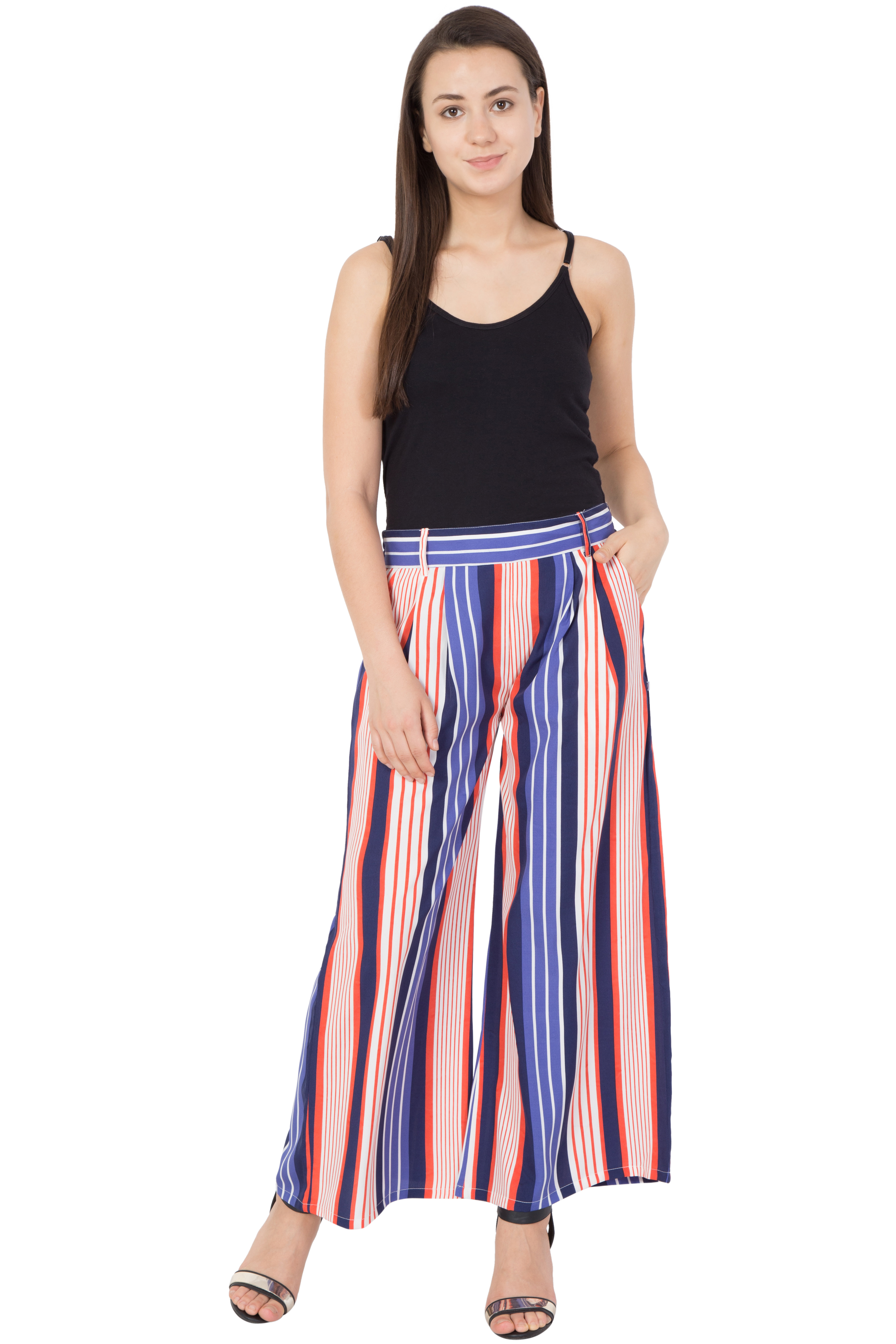 Mythya Flared Ladies Striped Multicolor Trousers - Crepe, 40 Inch Length, Custom Sizes S-xl, Trendy Striped Pattern, Versatile For All Seasons - Belt Loops For Stylish Fit
