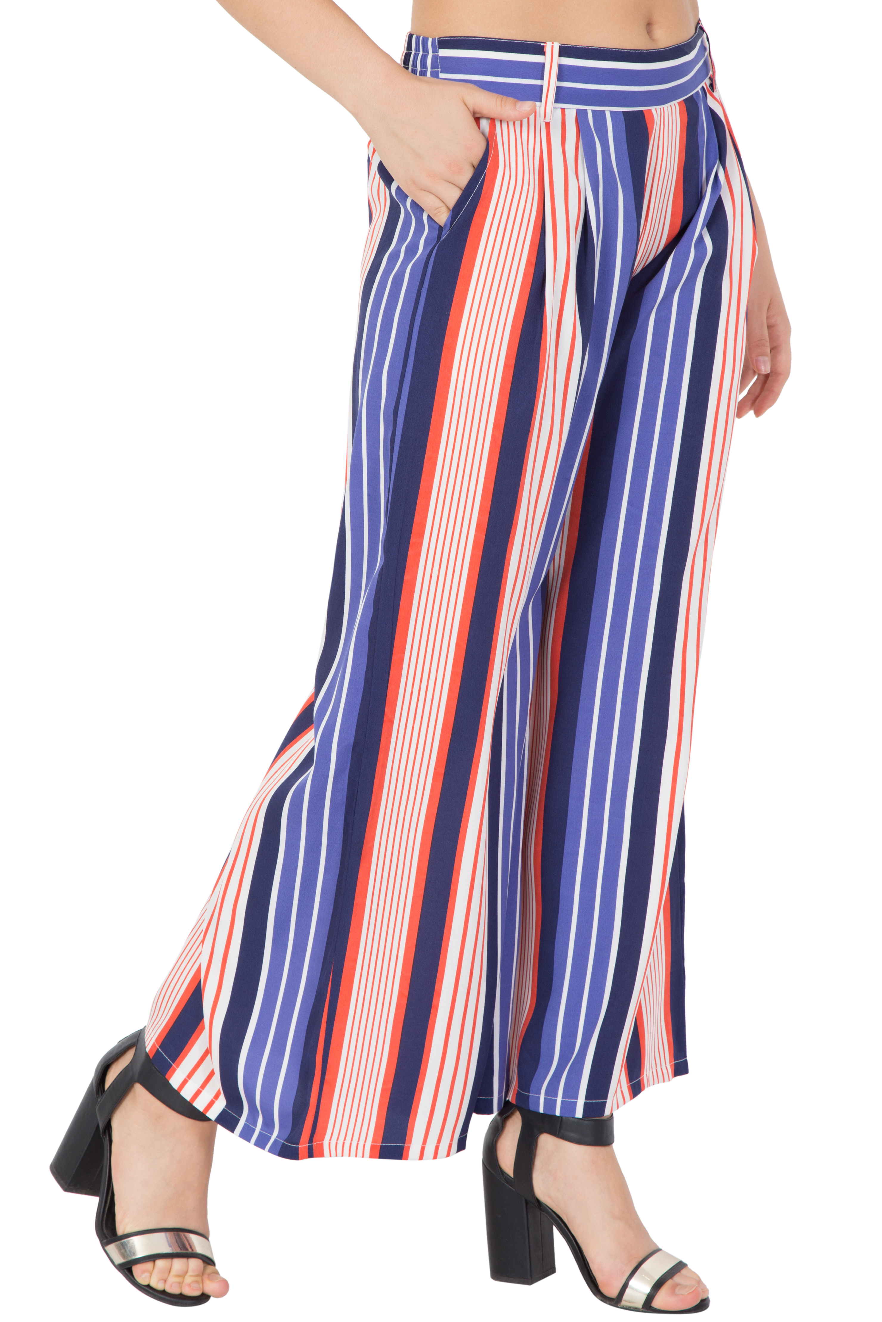 Mythya Flared Ladies Striped Multicolor Trousers - Crepe, 40 Inch Length, Custom Sizes S-xl, Trendy Striped Pattern, Versatile For All Seasons - Belt Loops For Stylish Fit