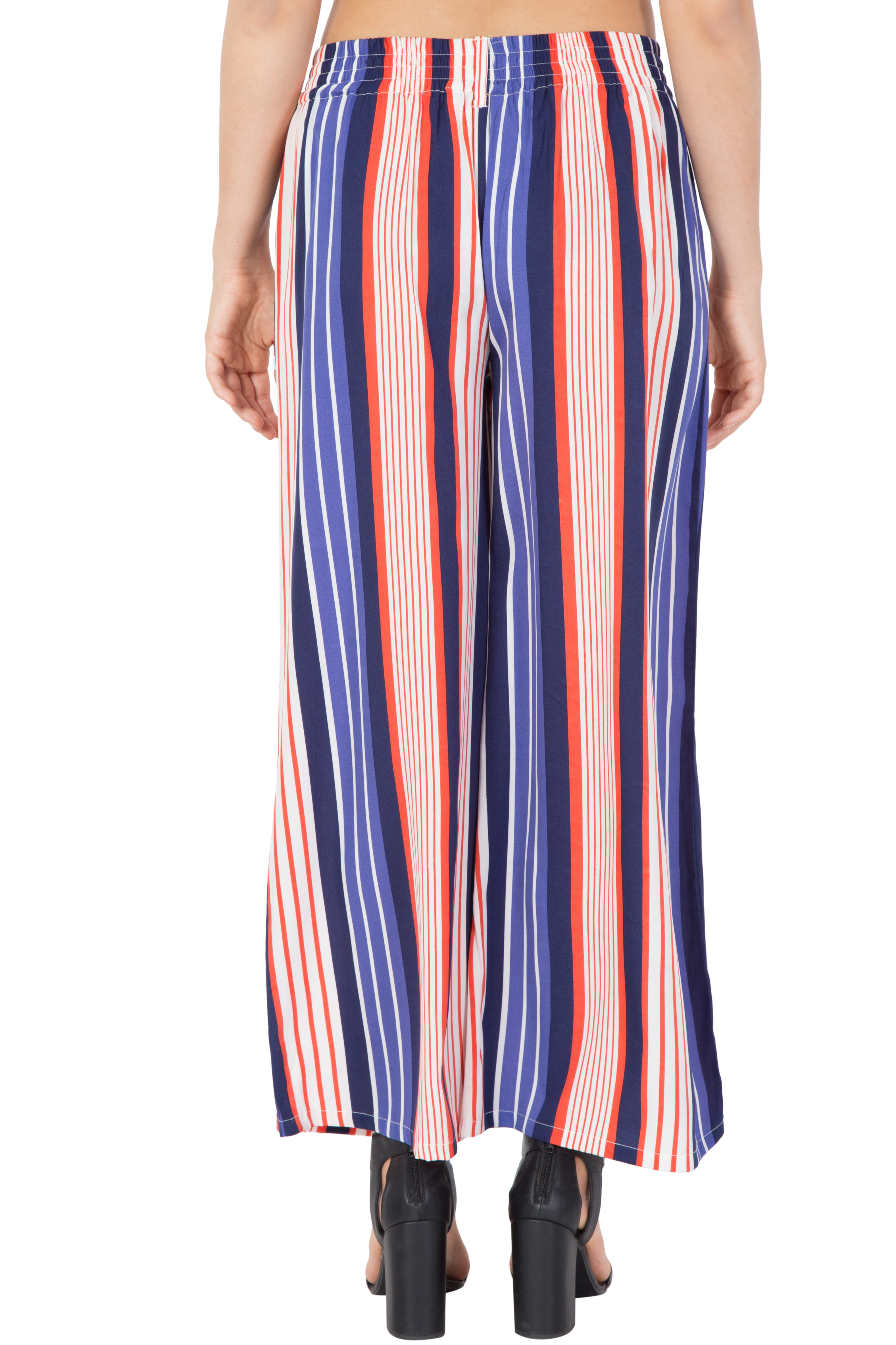 Mythya Flared Ladies Striped Multicolor Trousers - Crepe, 40 Inch Length, Custom Sizes S-xl, Trendy Striped Pattern, Versatile For All Seasons - Belt Loops For Stylish Fit