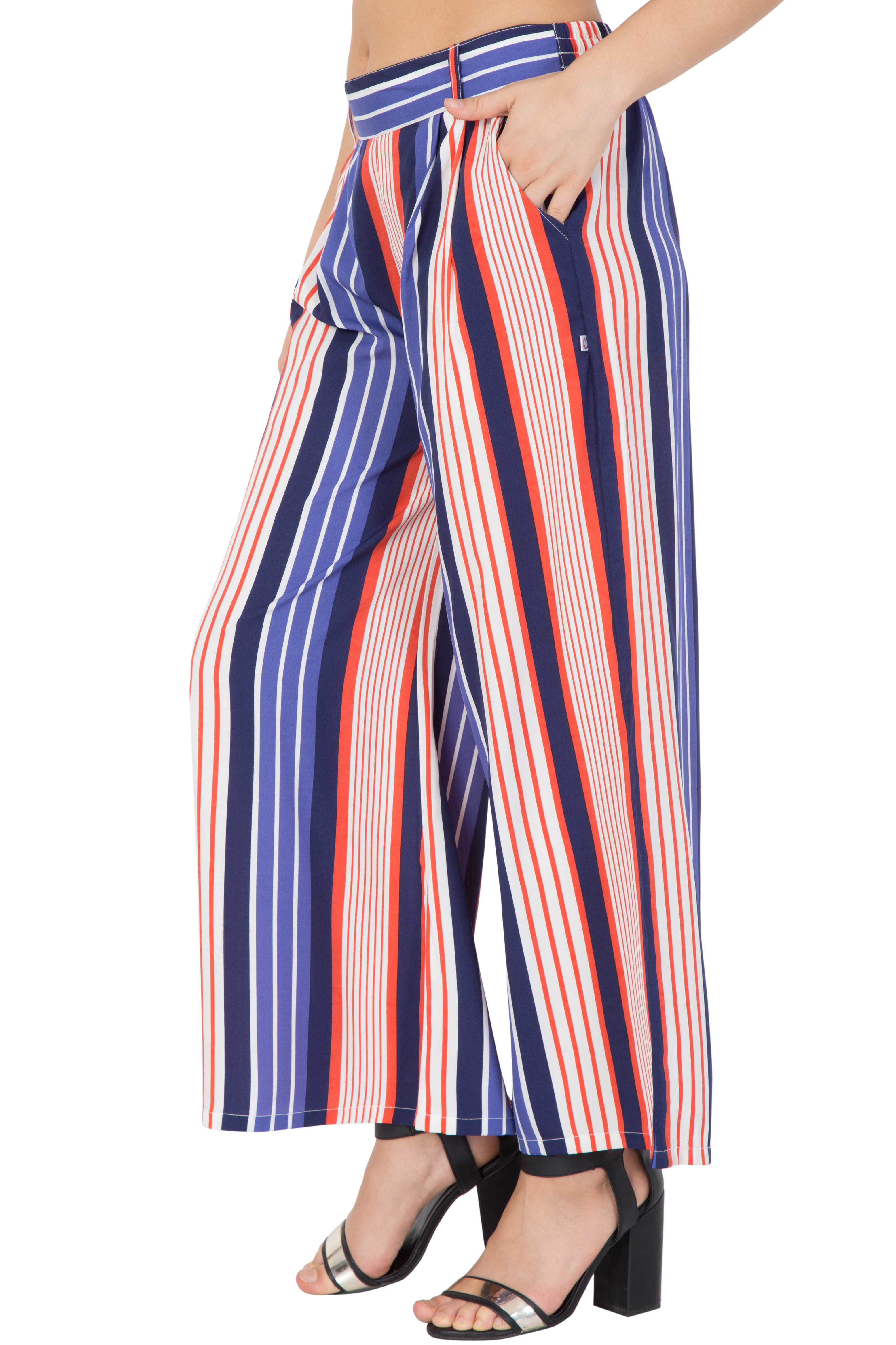Mythya Flared Ladies Striped Multicolor Trousers - Crepe, 40 Inch Length, Custom Sizes S-xl, Trendy Striped Pattern, Versatile For All Seasons - Belt Loops For Stylish Fit