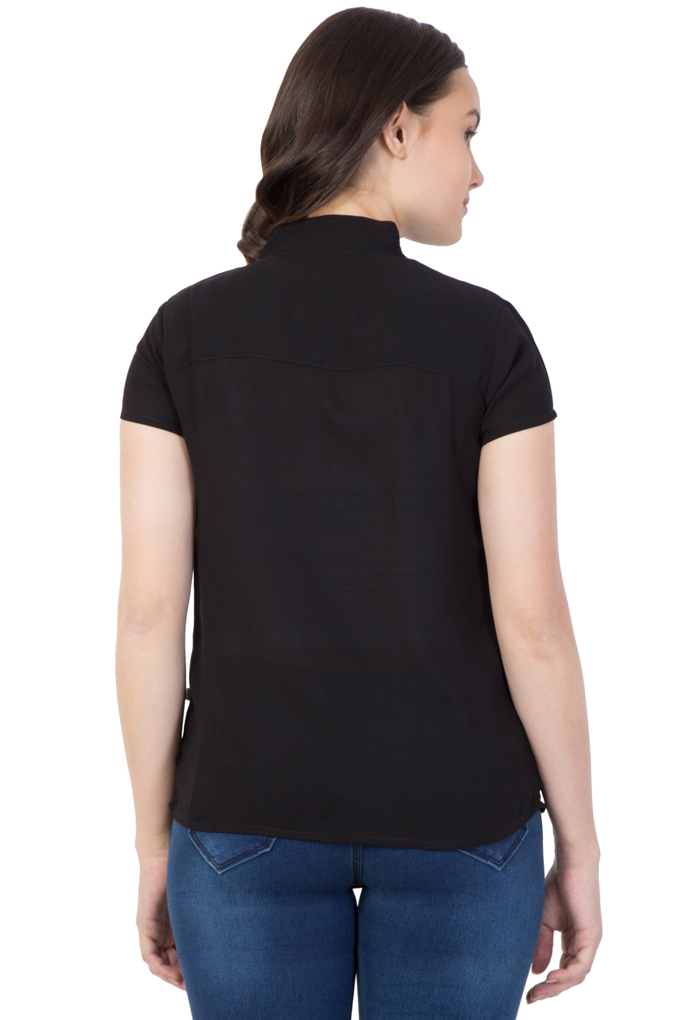 Mythya Womens Solid Short Sleeved Top - Cotton Blend, Size 36-42, Black Color - Elegant Plain Design With Loop Buttons Closure