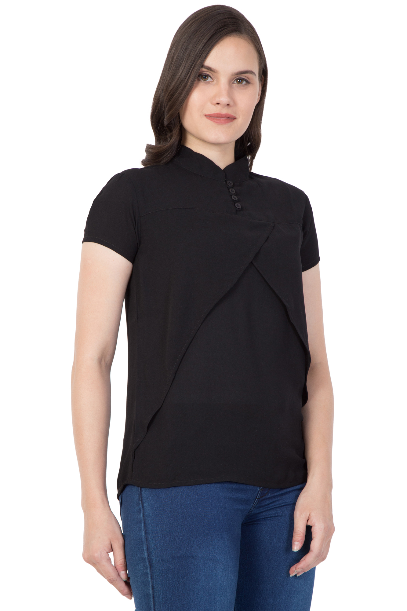 Mythya Womens Solid Short Sleeved Top - Cotton Blend, Size 36-42, Black Color - Elegant Plain Design With Loop Buttons Closure
