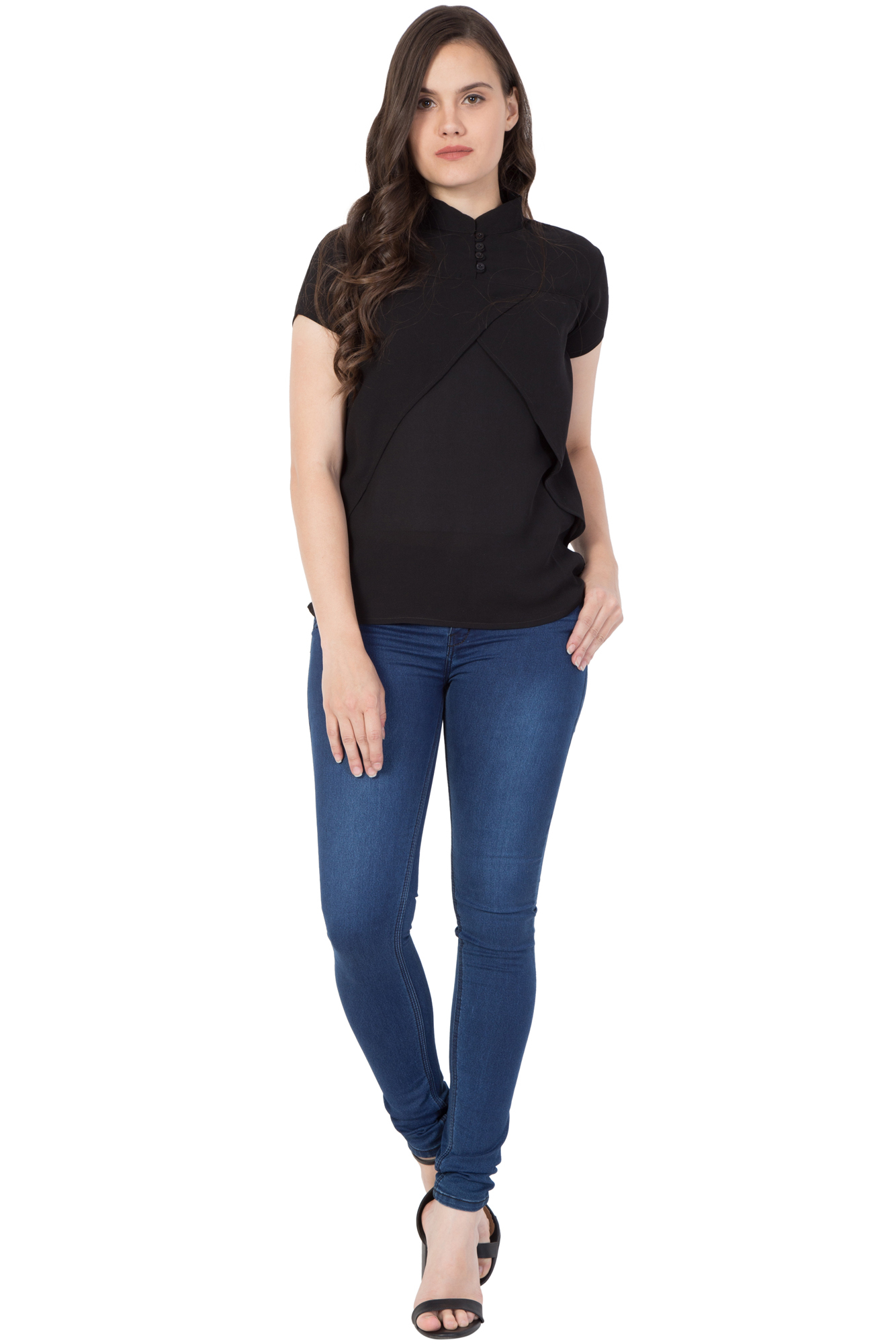 Mythya Womens Solid Short Sleeved Top - Cotton Blend, Size 36-42, Black Color - Elegant Plain Design With Loop Buttons Closure