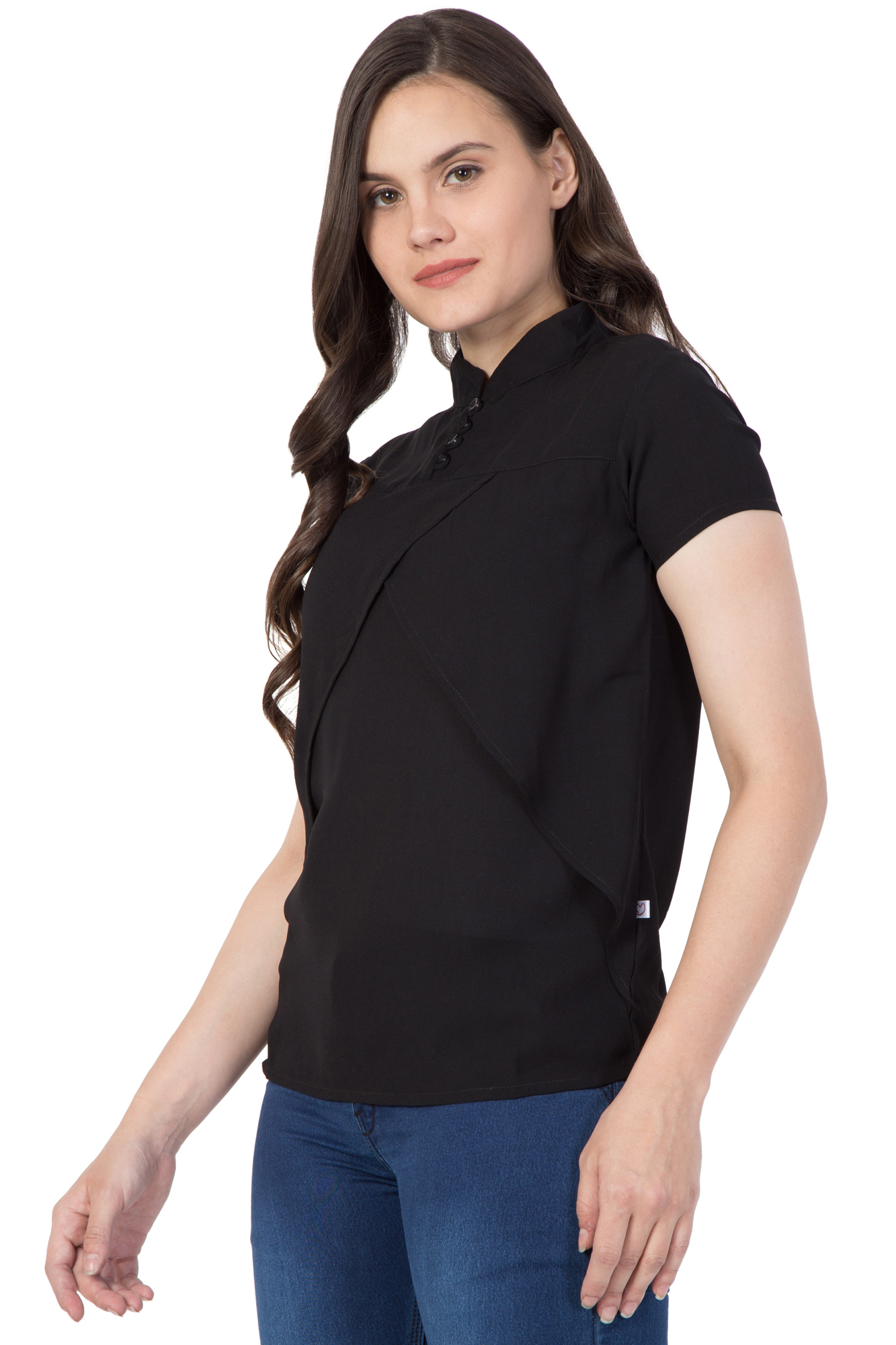 Mythya Womens Solid Short Sleeved Top - Cotton Blend, Size 36-42, Black Color - Elegant Plain Design With Loop Buttons Closure
