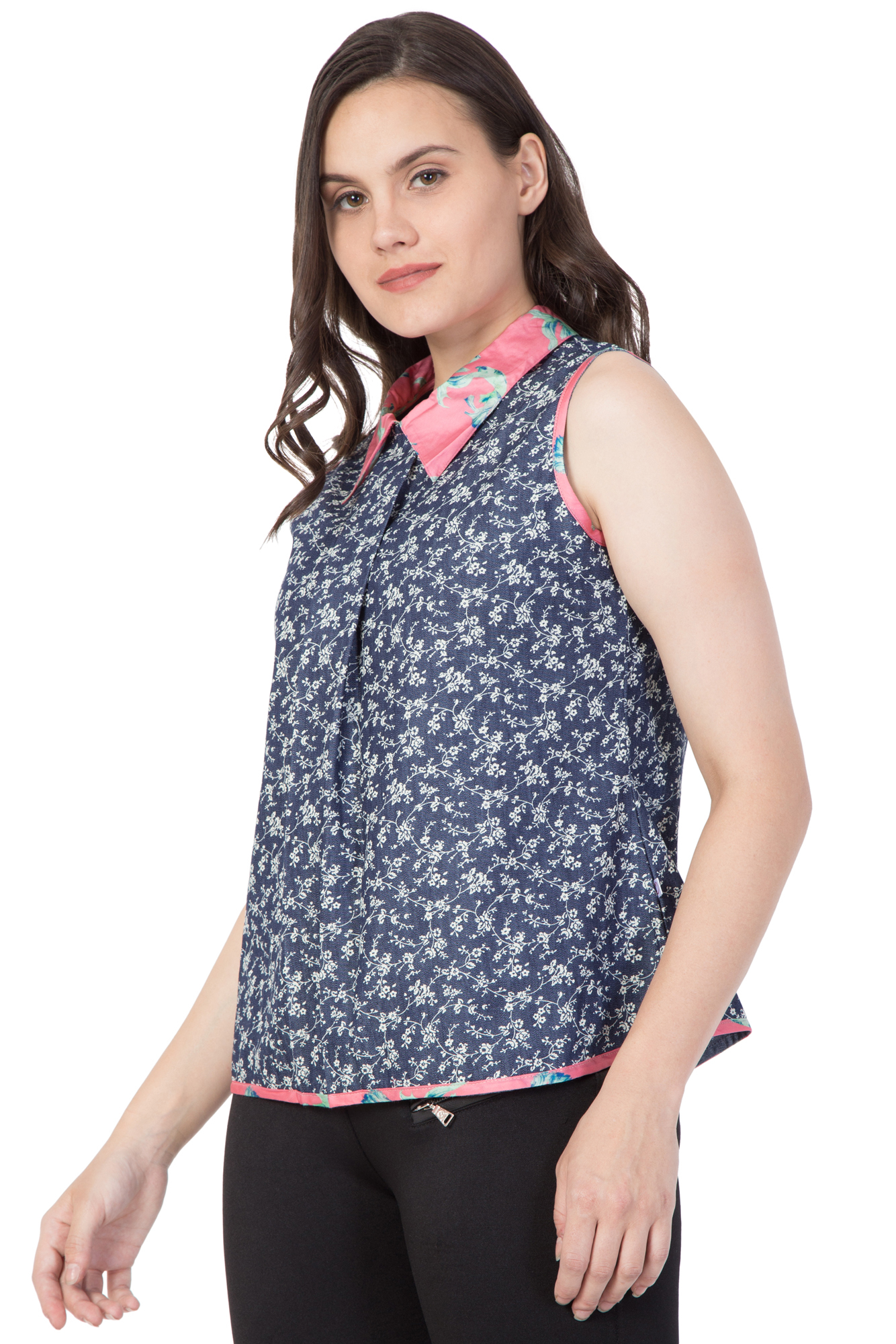 Mythya Womens Denim Floral Printed Top - Denim Fabric, Size 36-42, Blue Color, Length 24-26 Inches | Attractive Floral Print Design, Sleeveless Style