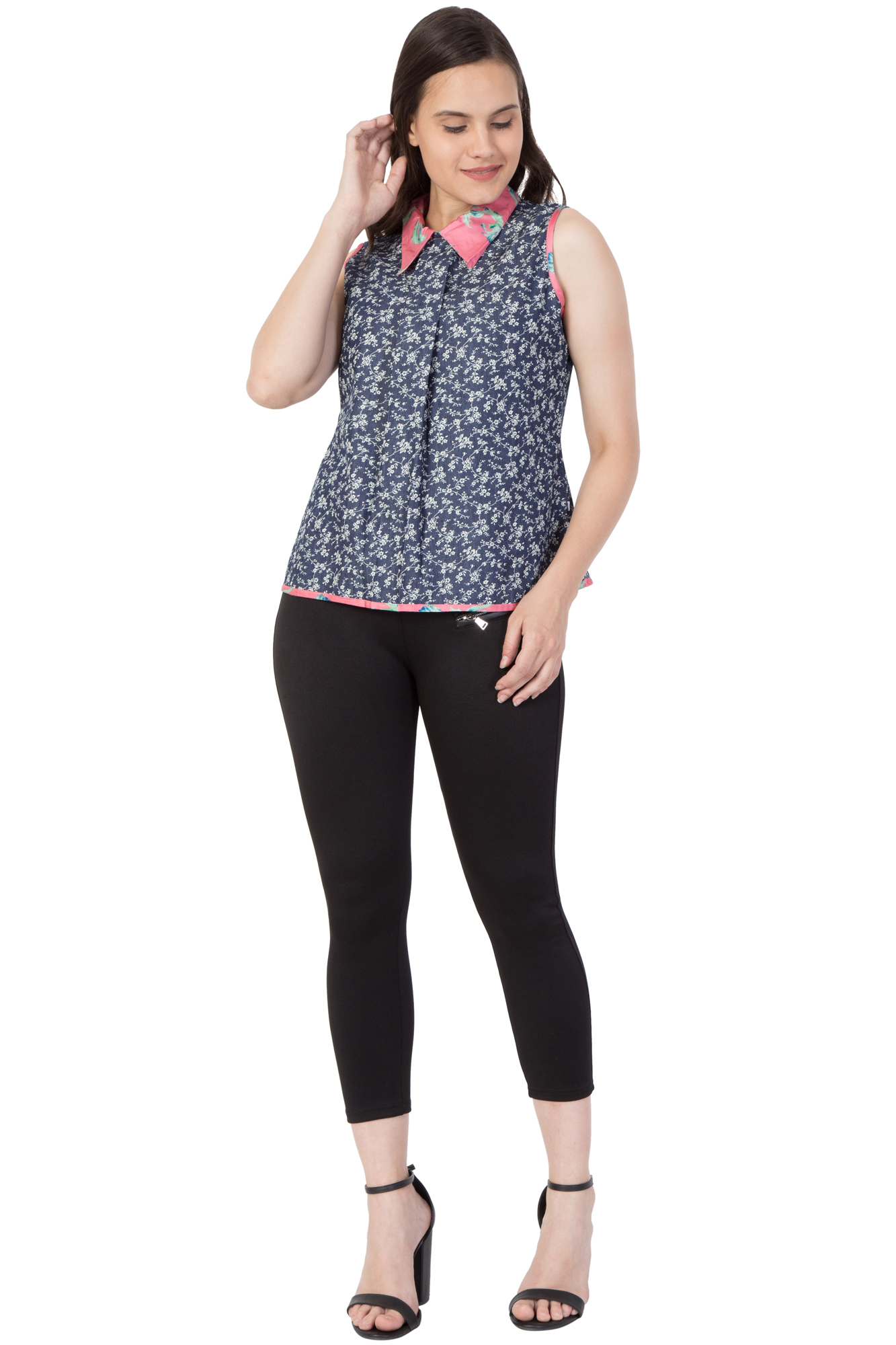 Mythya Womens Denim Floral Printed Top - Denim Fabric, Size 36-42, Blue Color, Length 24-26 Inches | Attractive Floral Print Design, Sleeveless Style