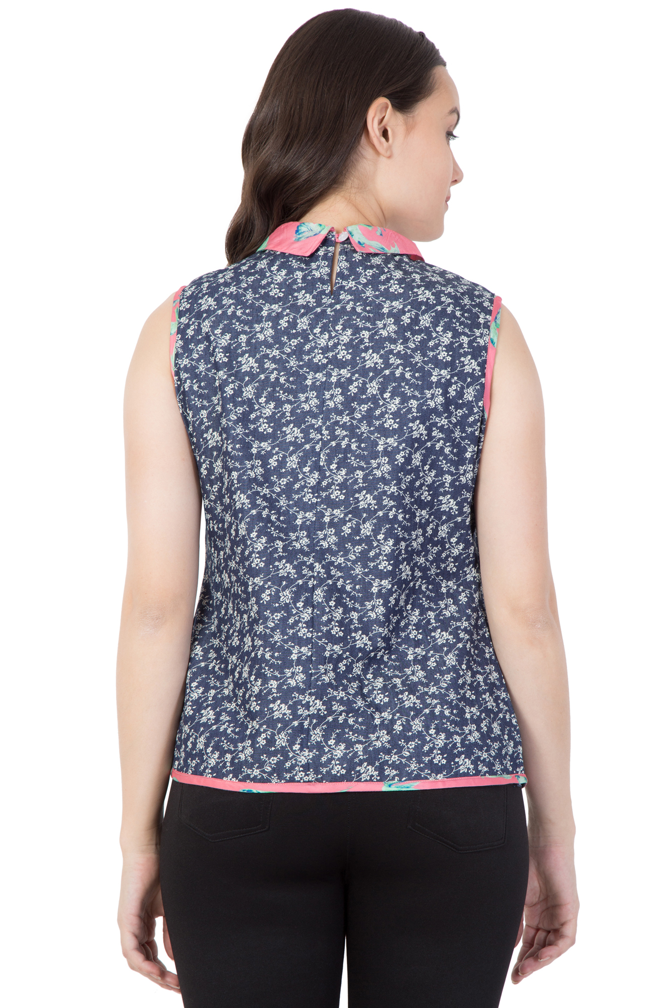 Mythya Womens Denim Floral Printed Top - Denim Fabric, Size 36-42, Blue Color, Length 24-26 Inches | Attractive Floral Print Design, Sleeveless Style