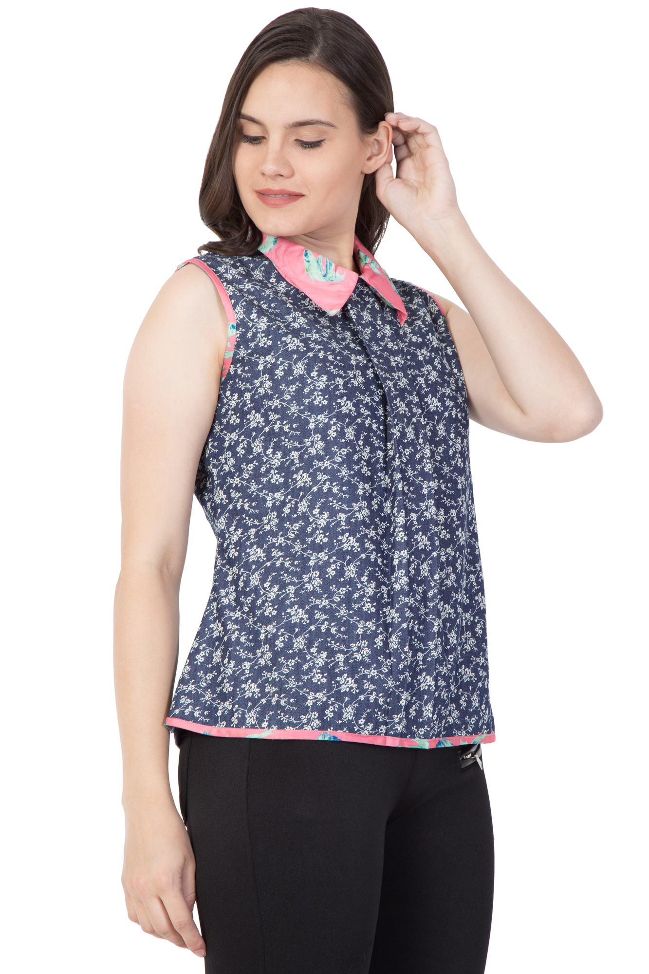 Mythya Womens Denim Floral Printed Top - Denim Fabric, Size 36-42, Blue Color, Length 24-26 Inches | Attractive Floral Print Design, Sleeveless Style