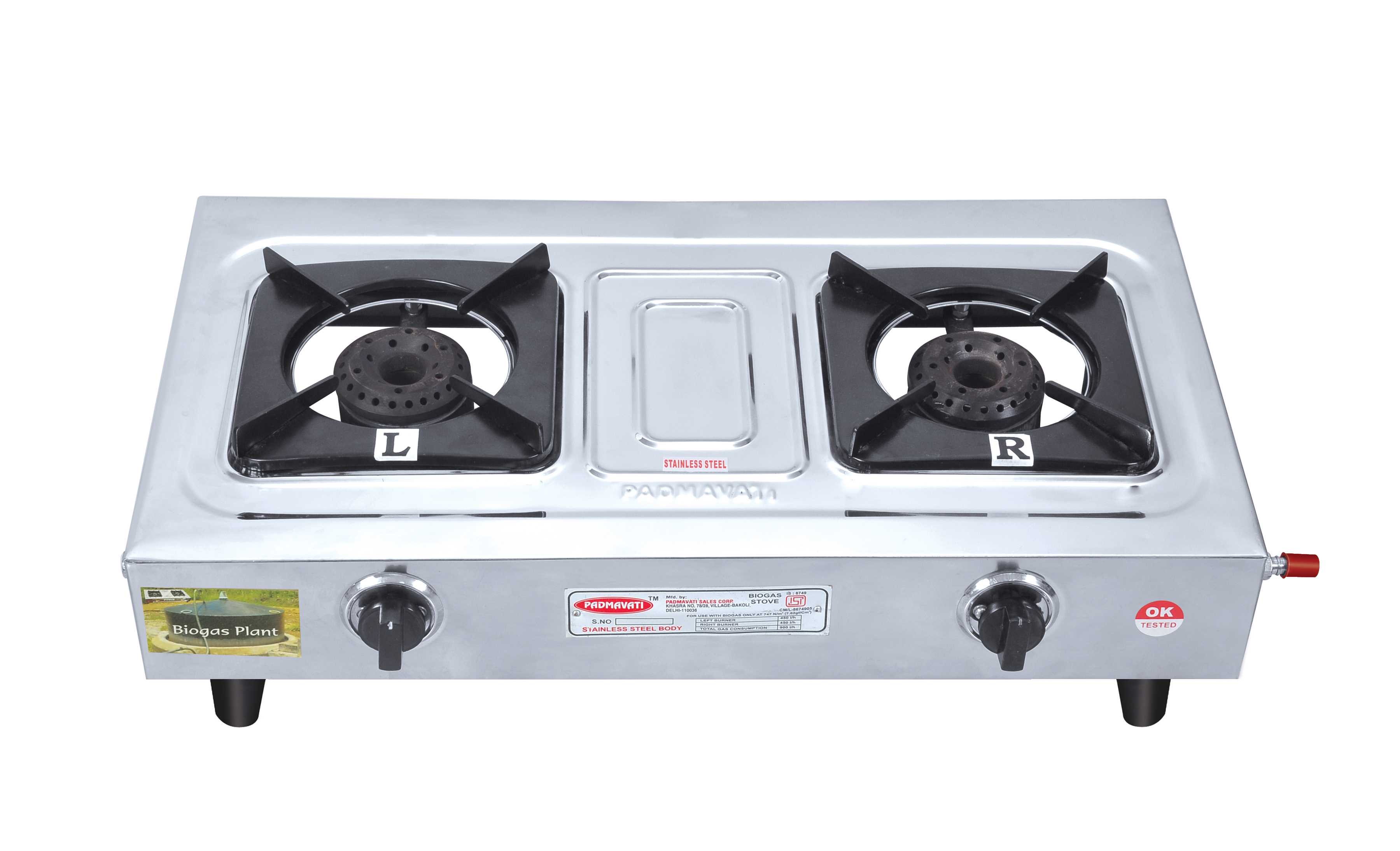 Biogas Stove - Stainless Steel 2 Burner Double Burner Design | 900 L/hr Gas Consumption Bakelite Knobs 1-year Warranty