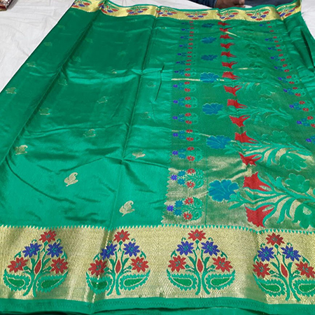 Chiffon Art Semi Paithani Flower Border Rich Pallu With Running Plain Blouse