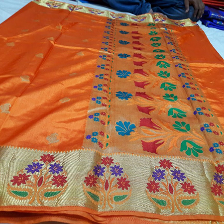 Chiffon Art Semi Paithani Flower Border Rich Pallu With Running Plain Blouse