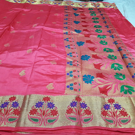 Chiffon Art Semi Paithani Flower Border Rich Pallu With Running Plain Blouse