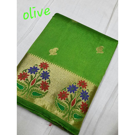 Chiffon Art Semi Paithani Flower Border Rich Pallu With Running Plain Blouse