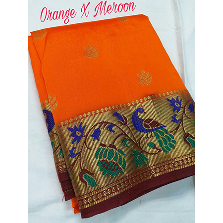 Chiffon Art Silk Semi Paithani Peacock Pallu With Contarst Running Blouse