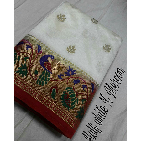 Chiffon Art Silk Semi Paithani Peacock Pallu With Contarst Running Blouse