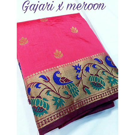 Chiffon Art Silk Semi Paithani Peacock Pallu With Contarst Running Blouse
